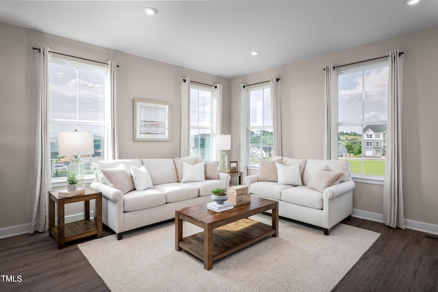 living room with dark hardwood / wood-style flooring and a wealth of natural light