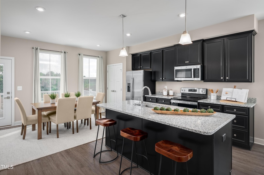 kitchen featuring hanging light fixtures, appliances with stainless steel finishes, and a kitchen island with sink