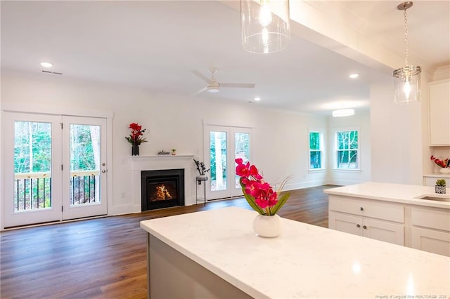 kitchen featuring pendant lighting, white cabinetry, and dark hardwood / wood-style flooring