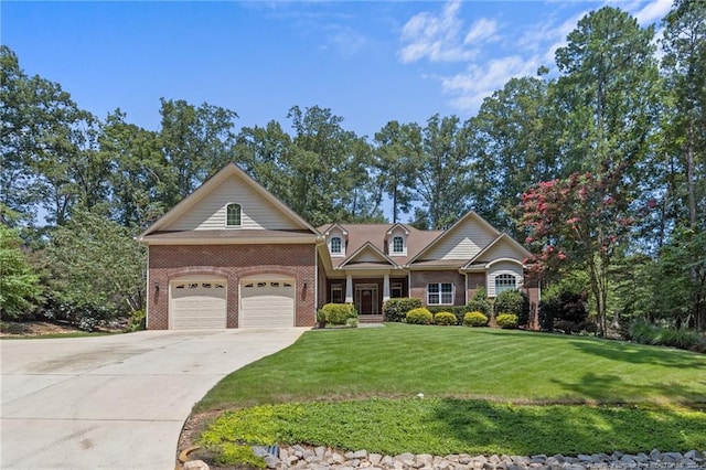 view of front of house featuring a garage, brick siding, concrete driveway, and a front lawn