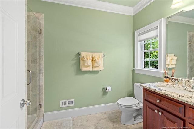 bathroom featuring vanity, visible vents, ornamental molding, a shower stall, and toilet