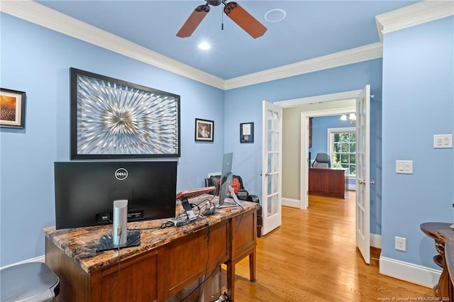 office space featuring crown molding, french doors, light wood finished floors, and ceiling fan