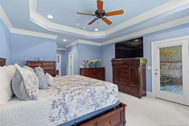 bedroom featuring access to exterior, light colored carpet, recessed lighting, a raised ceiling, and a ceiling fan