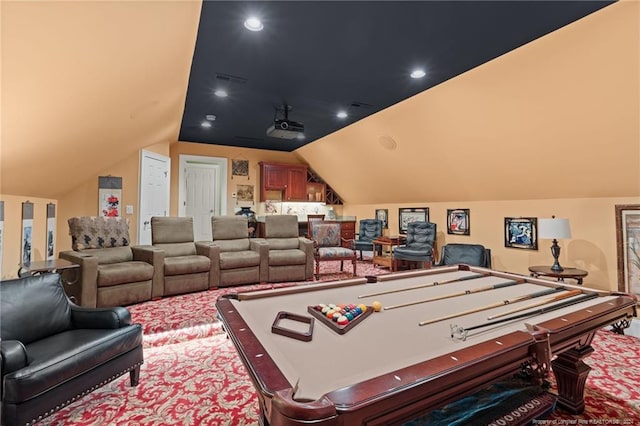 recreation room with vaulted ceiling, recessed lighting, and visible vents