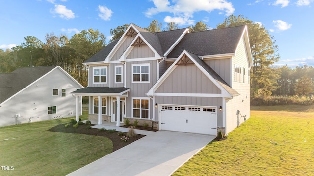 craftsman inspired home with a garage and a front yard