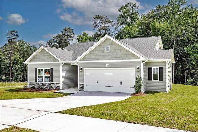 5513 Tall Timbers Dr, Fayetteville, NC 28311 - craftsman inspired home with an attached garage, driveway, a front yard, and stone siding
