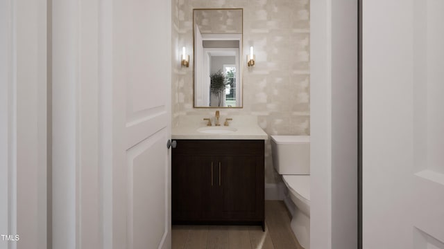 bathroom featuring toilet, vanity, and wood finished floors
