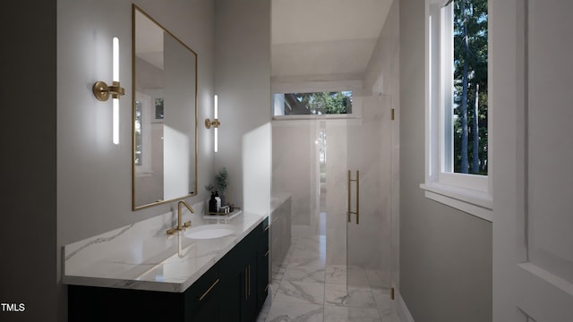 full bathroom with an enclosed shower, marble finish floor, baseboards, and vanity