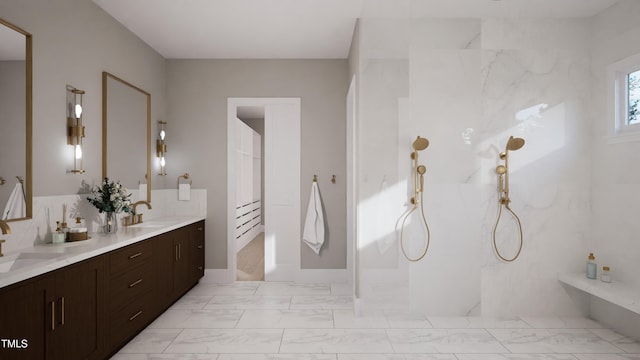 bathroom with a sink, walk in shower, double vanity, and marble finish floor
