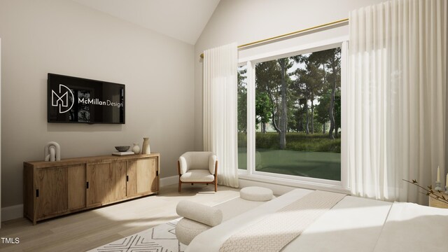 bedroom with wood finished floors and vaulted ceiling