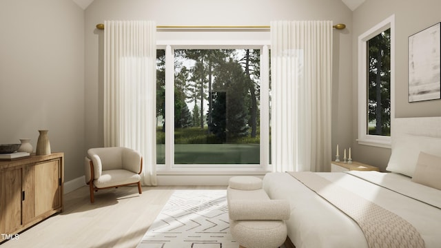 bedroom with wood finished floors, multiple windows, and lofted ceiling