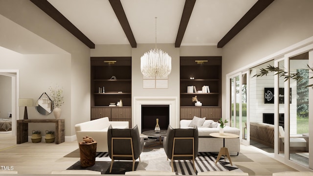 living area with beamed ceiling, built in features, an inviting chandelier, and baseboards
