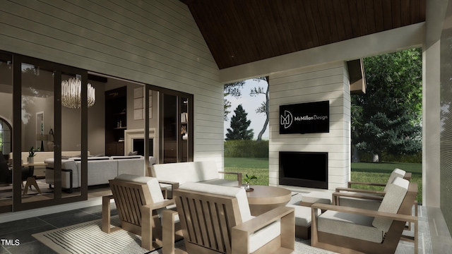 view of patio / terrace with an outdoor living space with a fireplace