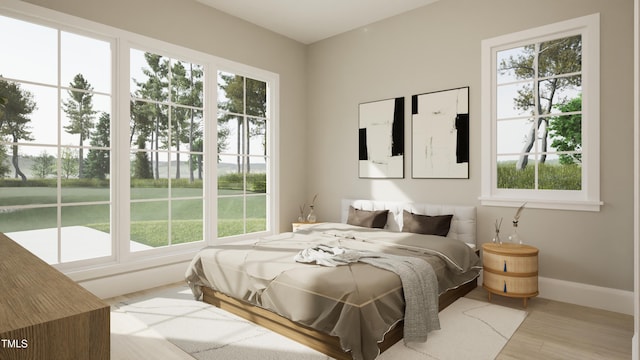 bedroom featuring wood finished floors, baseboards, and multiple windows