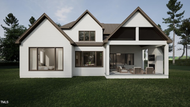 rear view of property with a patio area and a lawn