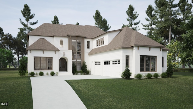 french country home with a shingled roof, concrete driveway, and a front lawn