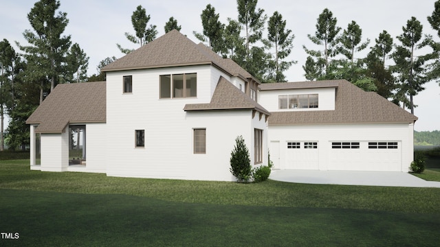 modern inspired farmhouse featuring concrete driveway, a front yard, a garage, and a shingled roof