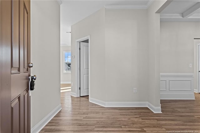 interior space featuring wood-type flooring and crown molding