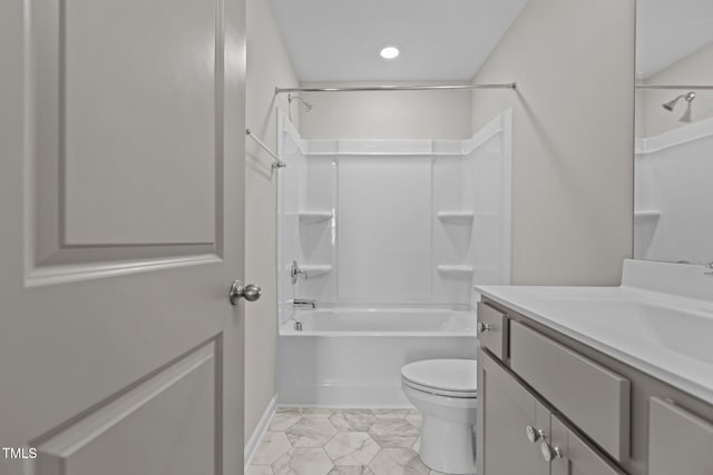 full bathroom with toilet, vanity, and shower / bathing tub combination