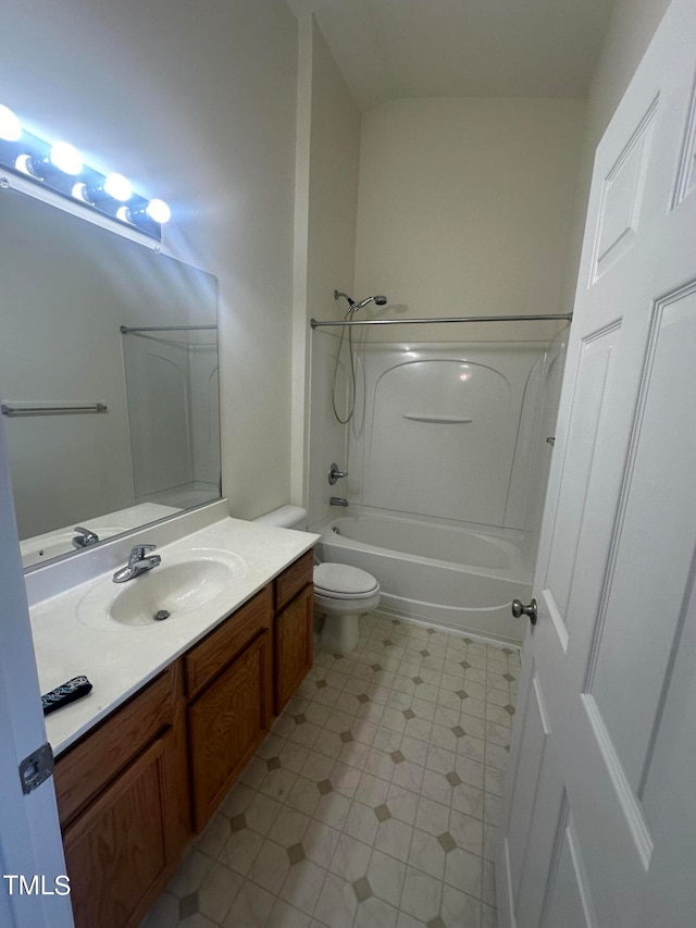 full bathroom with shower / bathing tub combination, vanity, and toilet