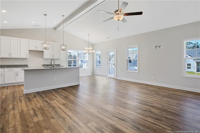 5411 Seedling Rd, Fayetteville, NC 28311 - kitchen with open floor plan, dark wood-style flooring, a ceiling fan, white cabinetry, and recessed lighting