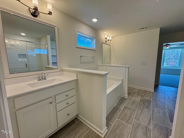 bathroom featuring vanity and separate shower and tub