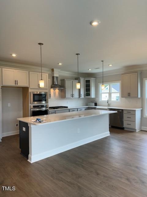 kitchen with stainless steel appliances, dark hardwood / wood-style flooring, wall chimney exhaust hood, and a kitchen island