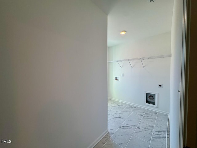 clothes washing area featuring hookup for a washing machine and hookup for an electric dryer