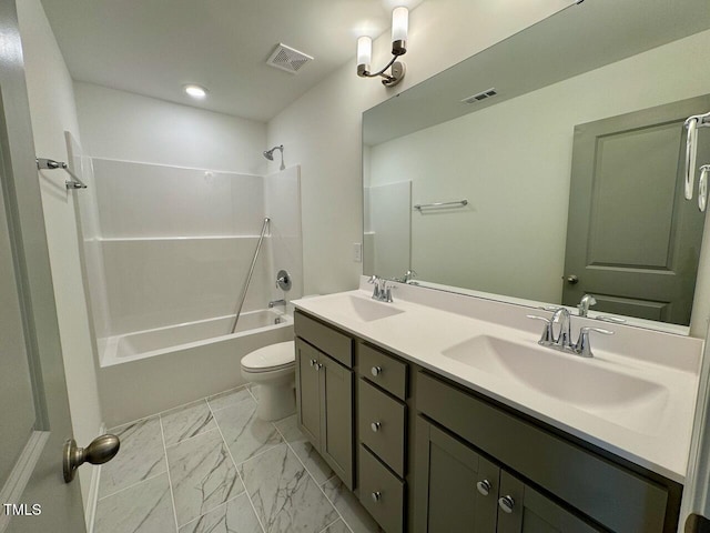 full bathroom featuring vanity, toilet, and shower / bath combination