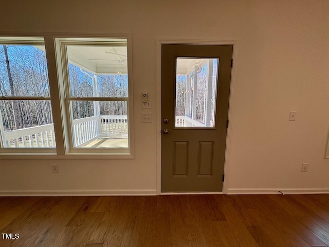 foyer featuring dark wood-type flooring and baseboards