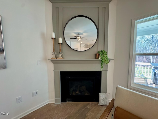 details with a fireplace, wood finished floors, and baseboards