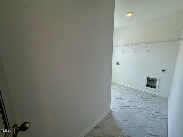 laundry room with laundry area, baseboards, marble finish floor, hookup for a washing machine, and electric dryer hookup