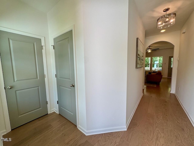 196 Grand Griffon Way, Lillington, NC 27546 - hallway featuring wood finished floors, arched walkways, and baseboards