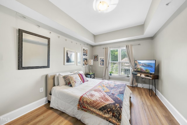 bedroom featuring a raised ceiling and light wood-type flooring