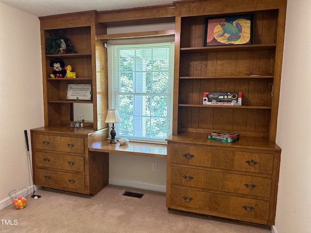 carpeted office space featuring built in desk and built in features