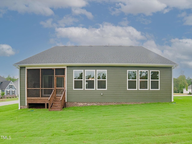 16 Autumn Breeze Ct, Angier, NC 27501 - rear view of property featuring a sunroom, a yard, and a shingled roof