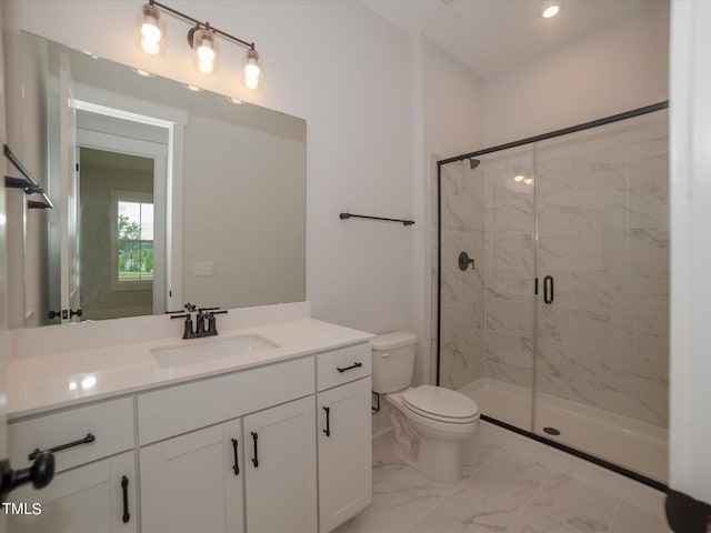 16 Autumn Breeze Ct, Angier, NC 27501 - bathroom featuring a shower stall, toilet, vanity, marble look tiles, and recessed lighting