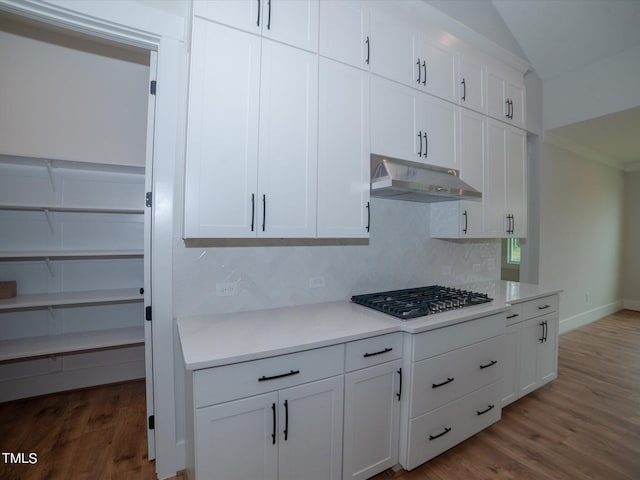 16 Autumn Breeze Ct, Angier, NC 27501 - kitchen with under cabinet range hood, stainless steel gas cooktop, decorative backsplash, and dark wood-style floors