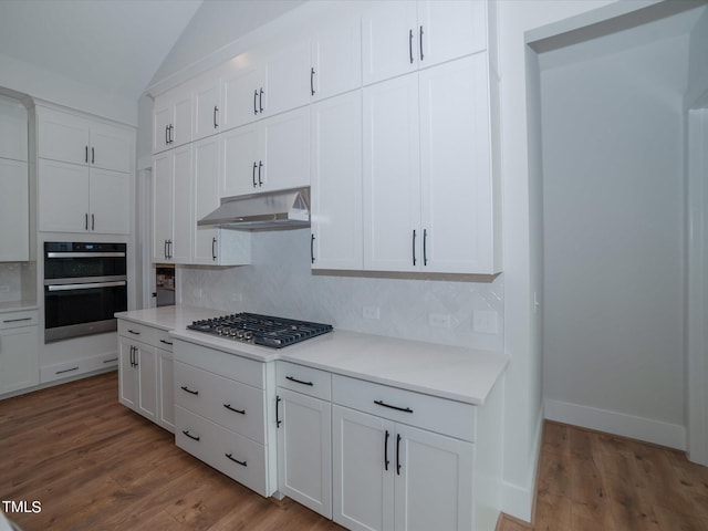 16 Autumn Breeze Ct, Angier, NC 27501 - kitchen featuring under cabinet range hood, stainless steel gas stovetop, multiple ovens, decorative backsplash, and wood finished floors