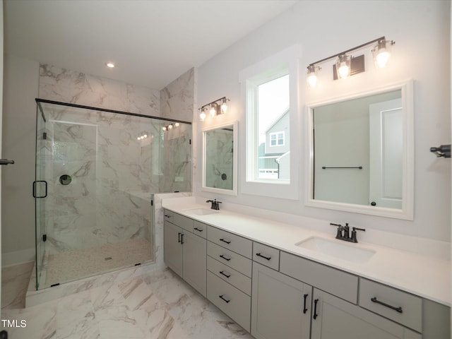 16 Autumn Breeze Ct, Angier, NC 27501 - full bath featuring a marble finish shower, double vanity, marble look tiles, and recessed lighting