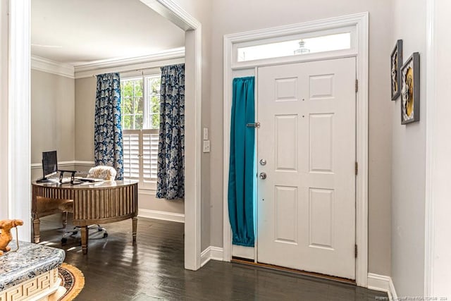 foyer featuring ornamental molding and dark hardwood / wood-style floors