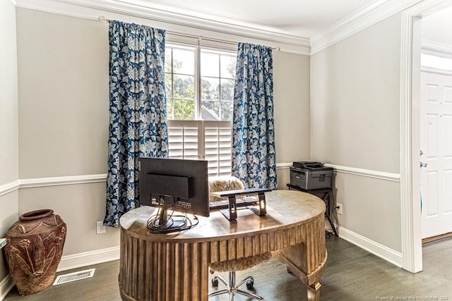 office space with crown molding and dark hardwood / wood-style flooring