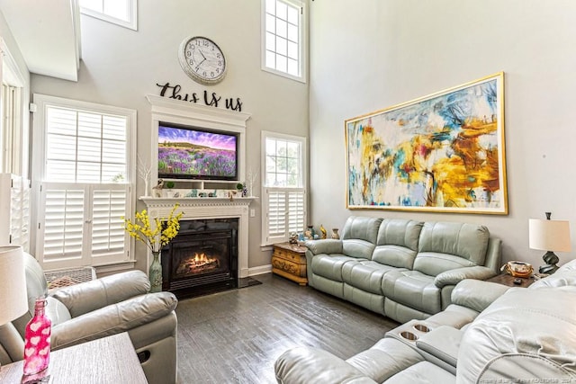 living room with a towering ceiling and dark hardwood / wood-style floors