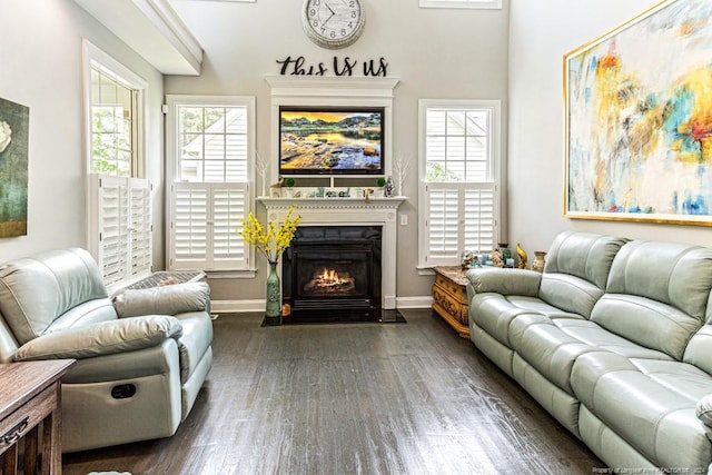 living room with a healthy amount of sunlight and dark wood-type flooring