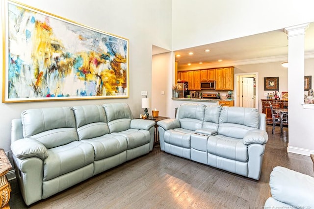 living room featuring wood-type flooring, a high ceiling, and ornate columns