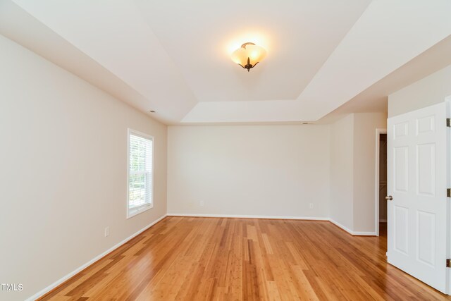 empty room featuring a tray ceiling and light hardwood / wood-style flooring