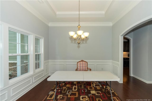 dining space with plenty of natural light, a chandelier, a raised ceiling, and dark wood-type flooring