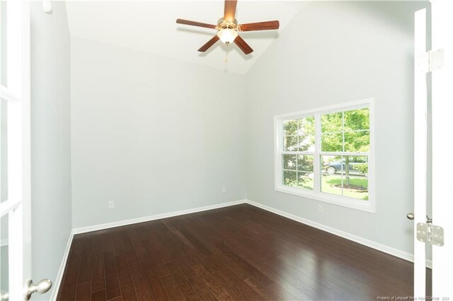 empty room featuring wood-type flooring, ceiling fan, and high vaulted ceiling