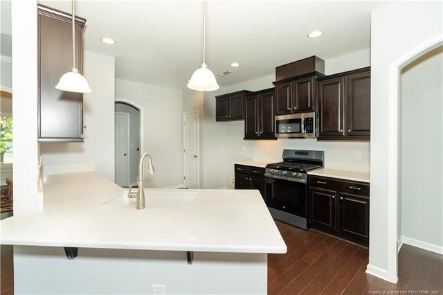 kitchen with hanging light fixtures, sink, dark hardwood / wood-style floors, and stainless steel appliances