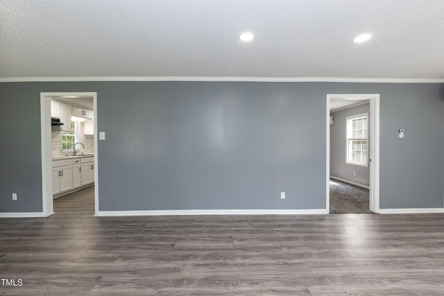 empty room featuring sink, ornamental molding, and hardwood / wood-style floors